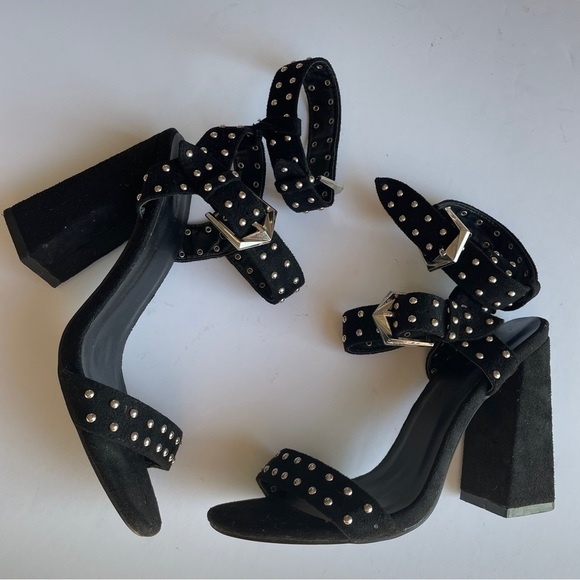 Pretty Little Things Black Studded Ankle Wrap Heels - Picture 2 of 9